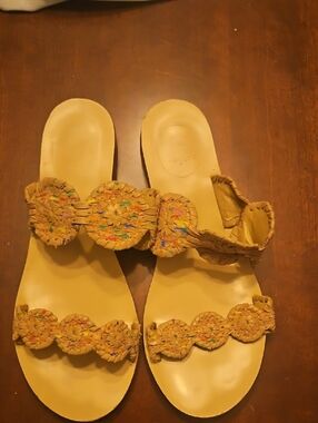 Jack Rogers Tan Woven Leather Slide Sandals with Multicolor Accents